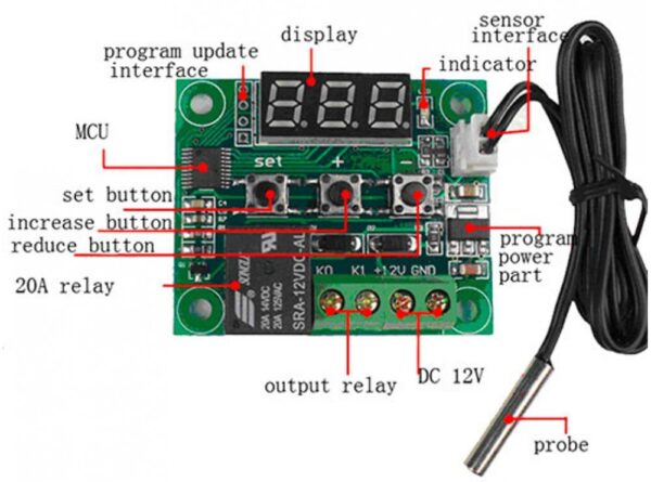 ماژول ترموستات دیجیتال XH-W1209 دارای نمایشگر و کلیدهای کنترلی