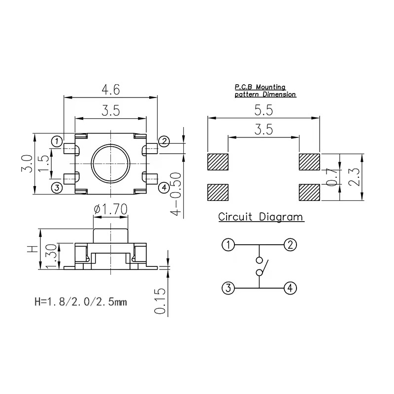 تک سوئیچ چهار پایه سایز 3.5X3X2 میلی متر پکیج SMD مشکی
