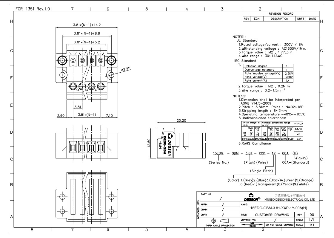ترمینال کشویی فونیکس 6 پین رایت با فاصله پین 3.81 میلی متر