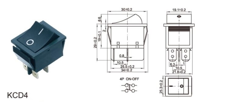 کلید راکر دو حالته بزرگ 4 پایه مشکی