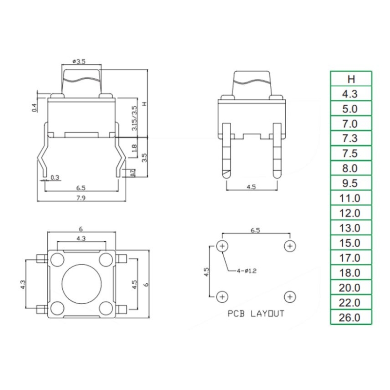 تک سوئیچ چهار پایه سایز 6X6X7 میلی متر پکیج DIP مشکی