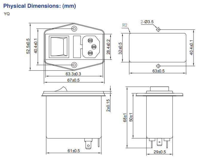 نویز فیلتر 6 آمپر تک فاز مدل YQ06A1 برند YUNPEN