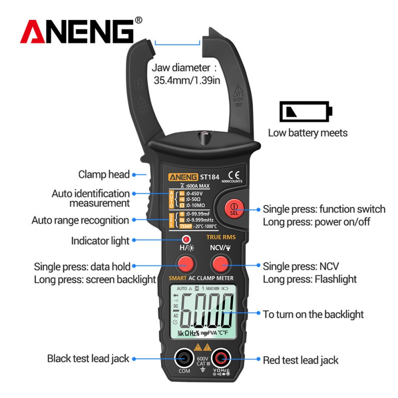 کلمپ متر دیجیتال 600 آمپر AC مدل ST184 برند ANENG